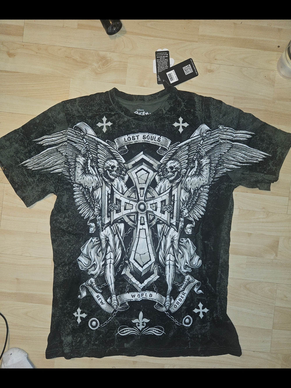 Eighty Eight Black Graphic 'Lost Souls' Winged Cross T-Shirt Med